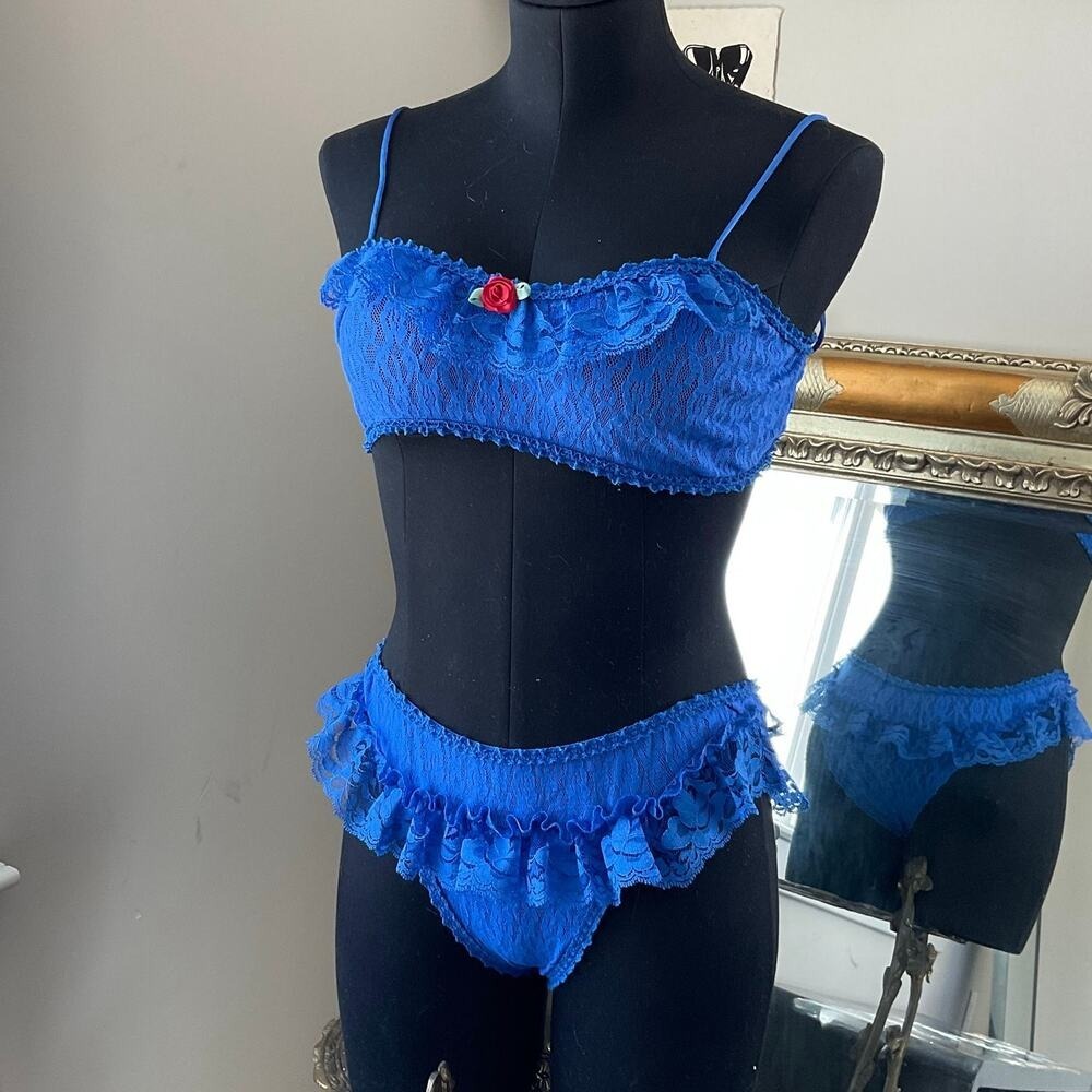 vintagte Juliara Floral Lace Ruffle lingerie Bra & Panty 2‎ Piece Set Size L